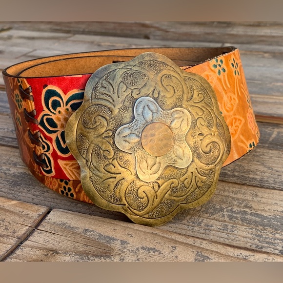 Chicos Leather Statement Belt Tooled Multicolor Floral Boho Hippy Wide Womens  M - Picture 8 of 15